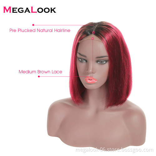 Dropshipping Ombre Burgundy Wine Colored Brazilian Remy Human Hair Extensions Short Bob Wig